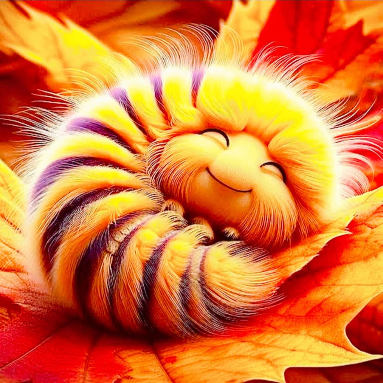 fuzzy little caterpillar <lora:world of carle:1.0> on a pretty autumn leave, macro shot , colorful , beautiful , art style by  Eric Carle , ...