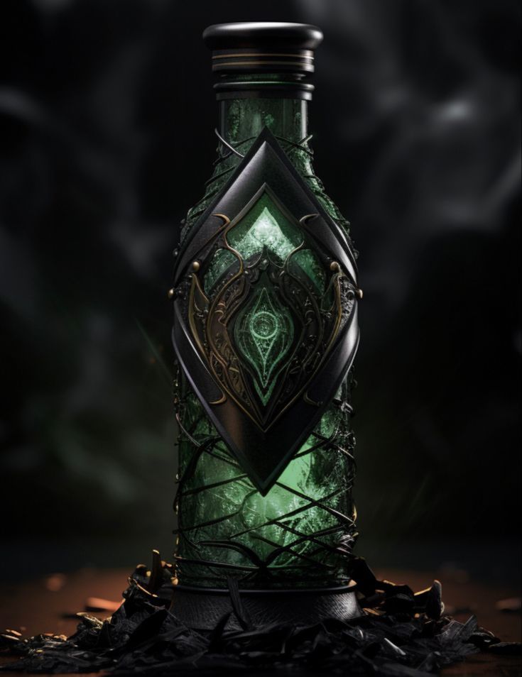 green magic acid potion with bubbles, a scary light inside the poison, wrapped in golden ornaments, moody lights, polychromatic poison, ultr...