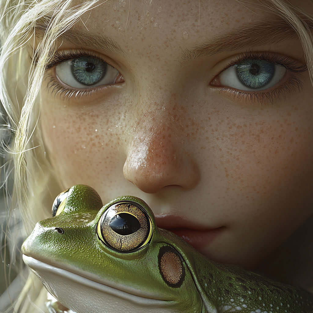 An ultra-detailed, hyperrealistic portrait capturing the enchanting moment between a graceful princess with delicate, fair features and long, golden-blonde hair, and a mystical green frog. 