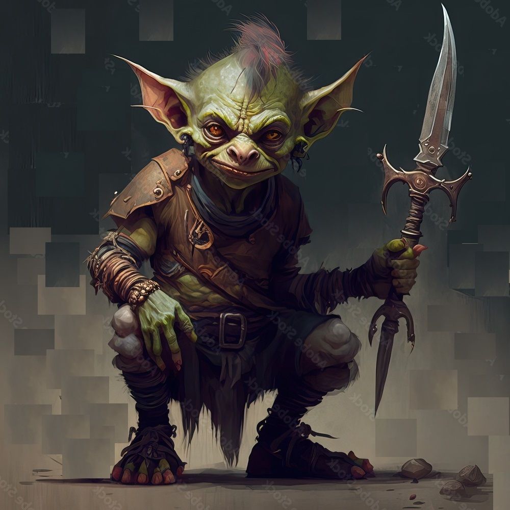 small angry crouching goblin with spear, pale green skin, detail, mountain background,  Close-up portrait,head and shoulders portrait, 8k re...