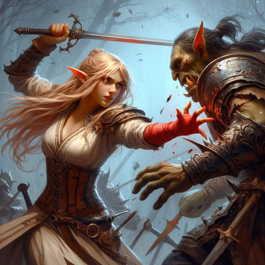 <lora:NC Hyperreal:1.0> fight between barbarian warrior and armoured ork,  leather armour, dusty,  detail, mountain background, hyper realis...