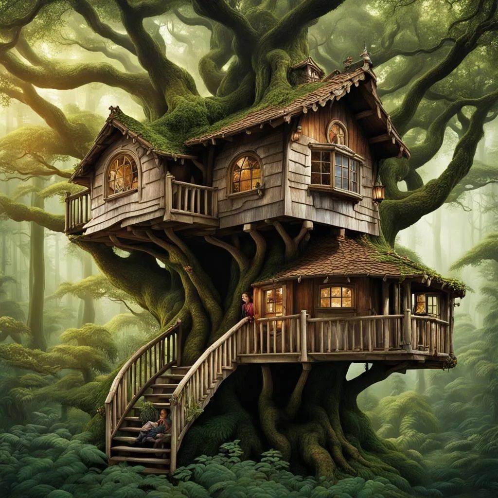 <lora:NC Hyperreal:1.0> treehouse high in tree canopy, delicate wood and rope walkways, balcony, plants, background darkness, yellow moon el...