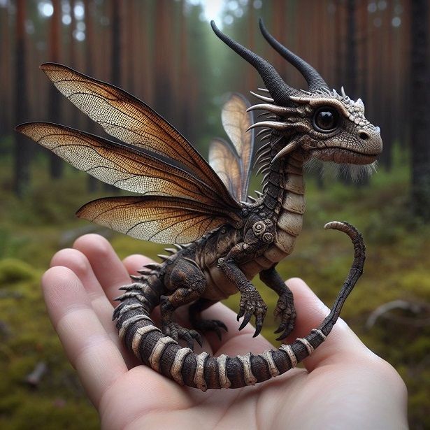 <lora:NC Hyperreal:1.0> tiny red dragon, wings open, sitting on a hand, marshy background, photo, detail, hyper realistic, close up,