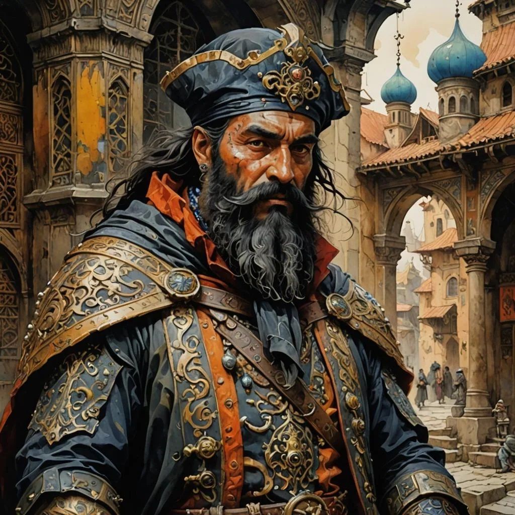 <lora:NC Hyperreal:1.0> portrait of an older brown-haired merchant, richly dressed, stone medieval building background, soft focus, hyper-de...