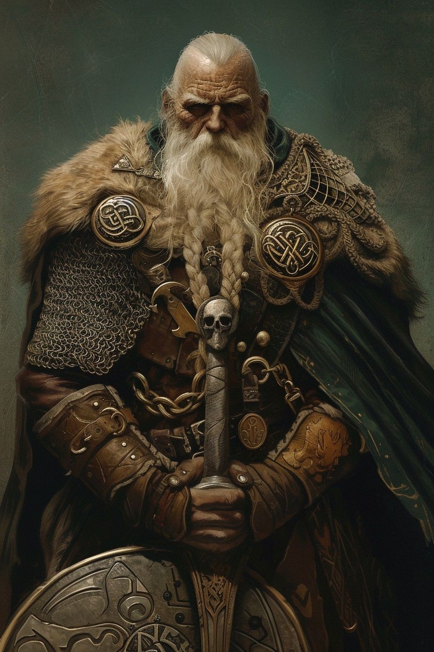 <lora:NC Hyperreal:1.0> old dwarf chieftain, solemn, grey hair, braid beard, detailed, skin detail, rich clothes, shield, dusty, castle wall...