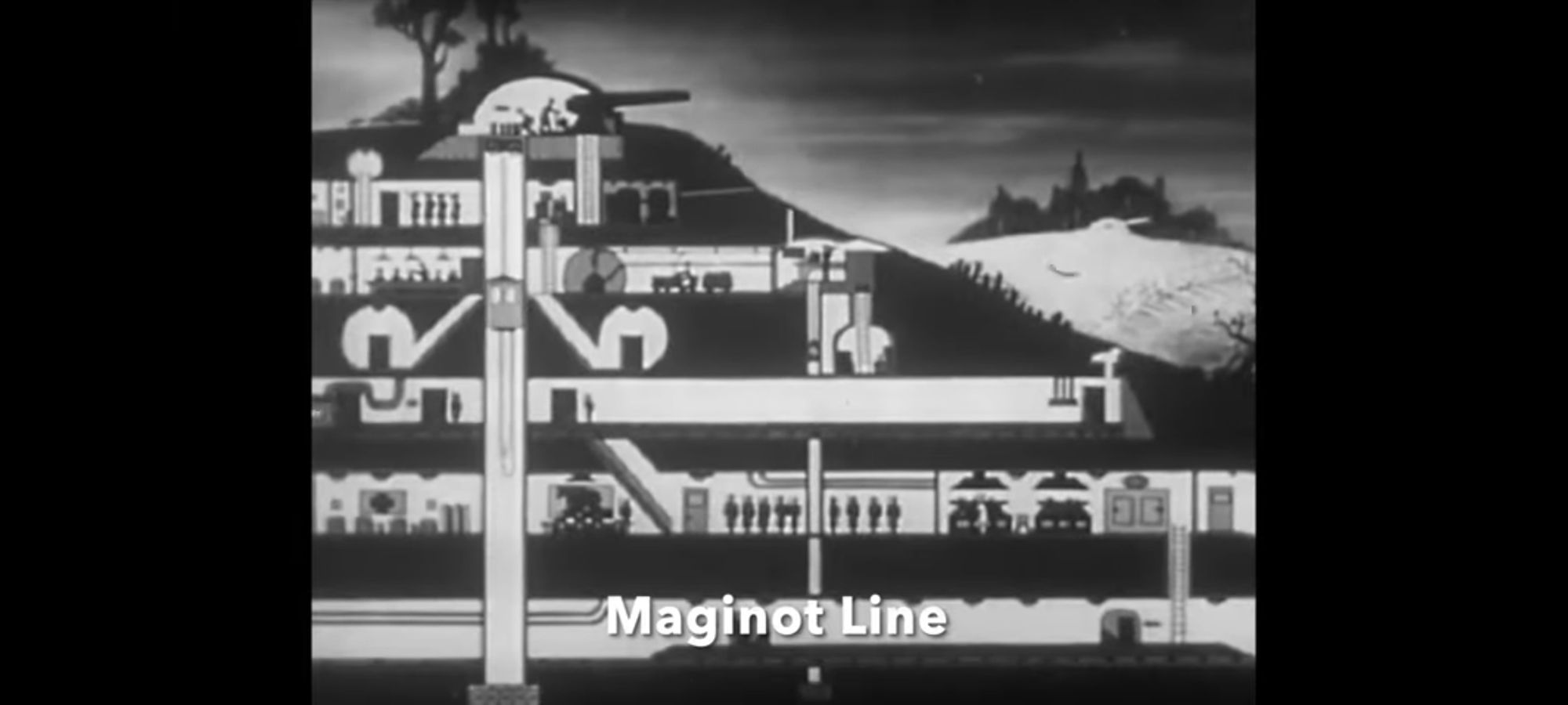 U.S. War department cutaway diagram of underground German Maginot base monochromatic photo illustration matte painting