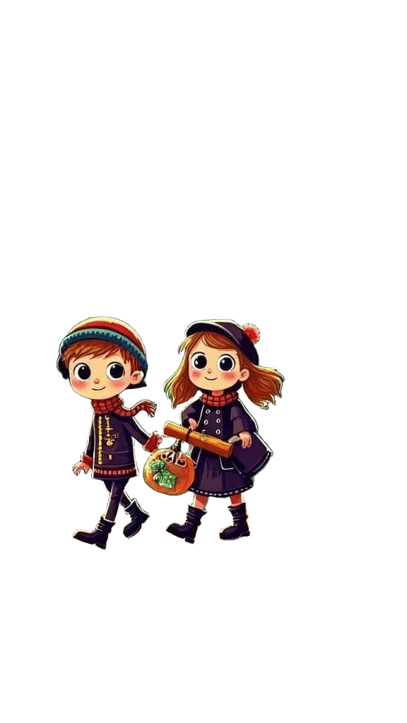 add christmas background that fits this theme these two characters. important to have these elements: santa, reindeers, christmas ornaments,...