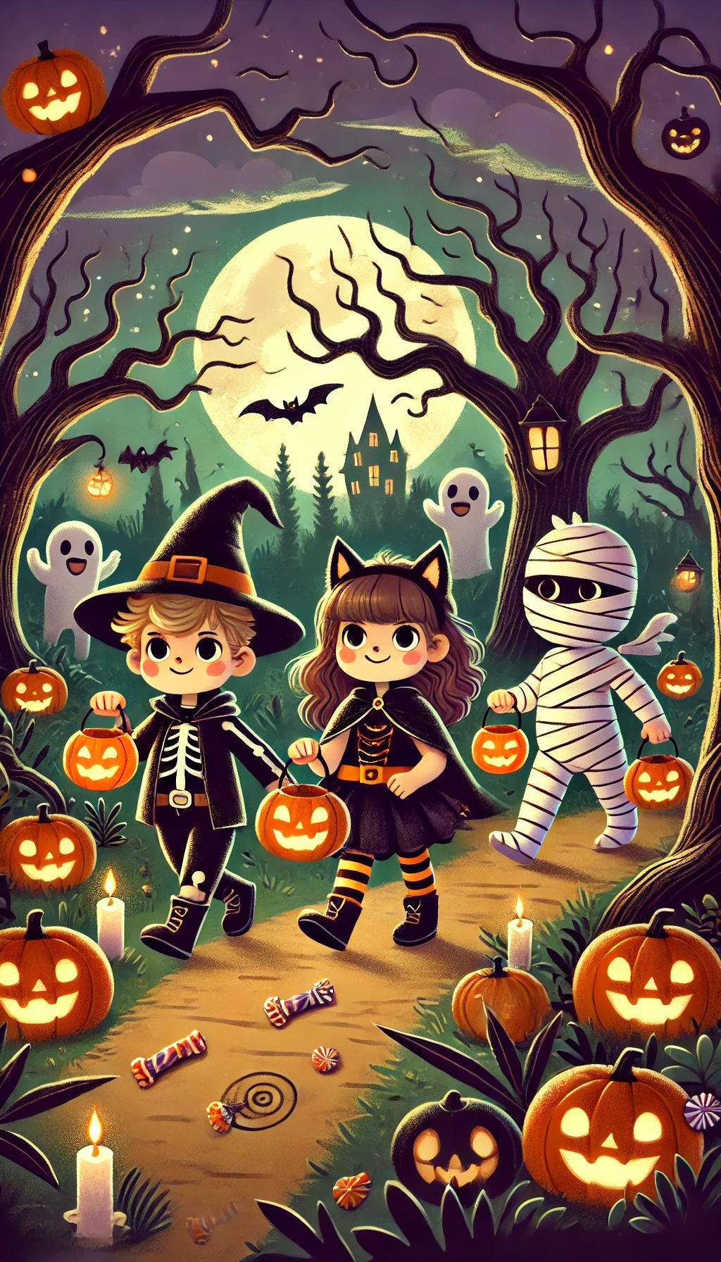 A whimsical, festive winter scene with two young children walking through a snow-covered forest at night. The children are dressed in charmi...