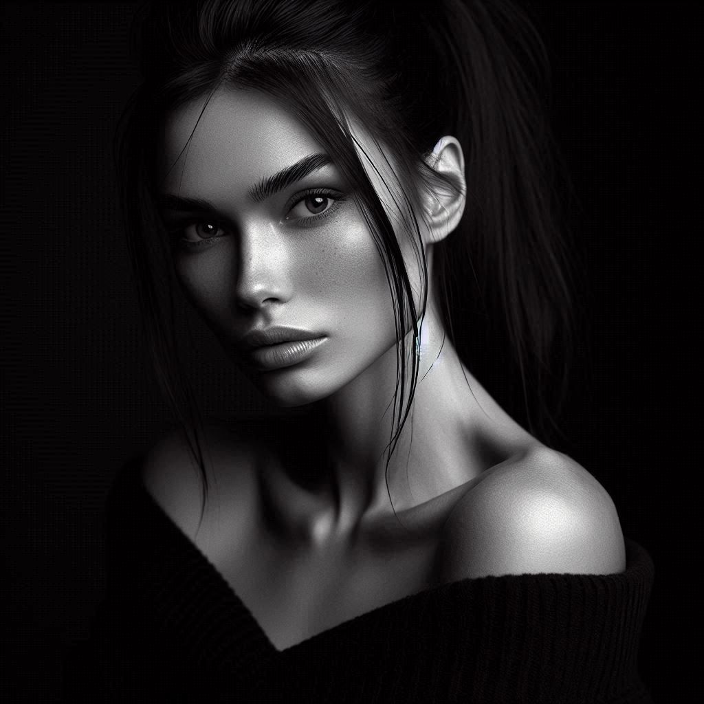 artistic black and white photo portrait of a woman with long black hair and ponytail, wearing black sweater with bare shoulders, on black ba...
