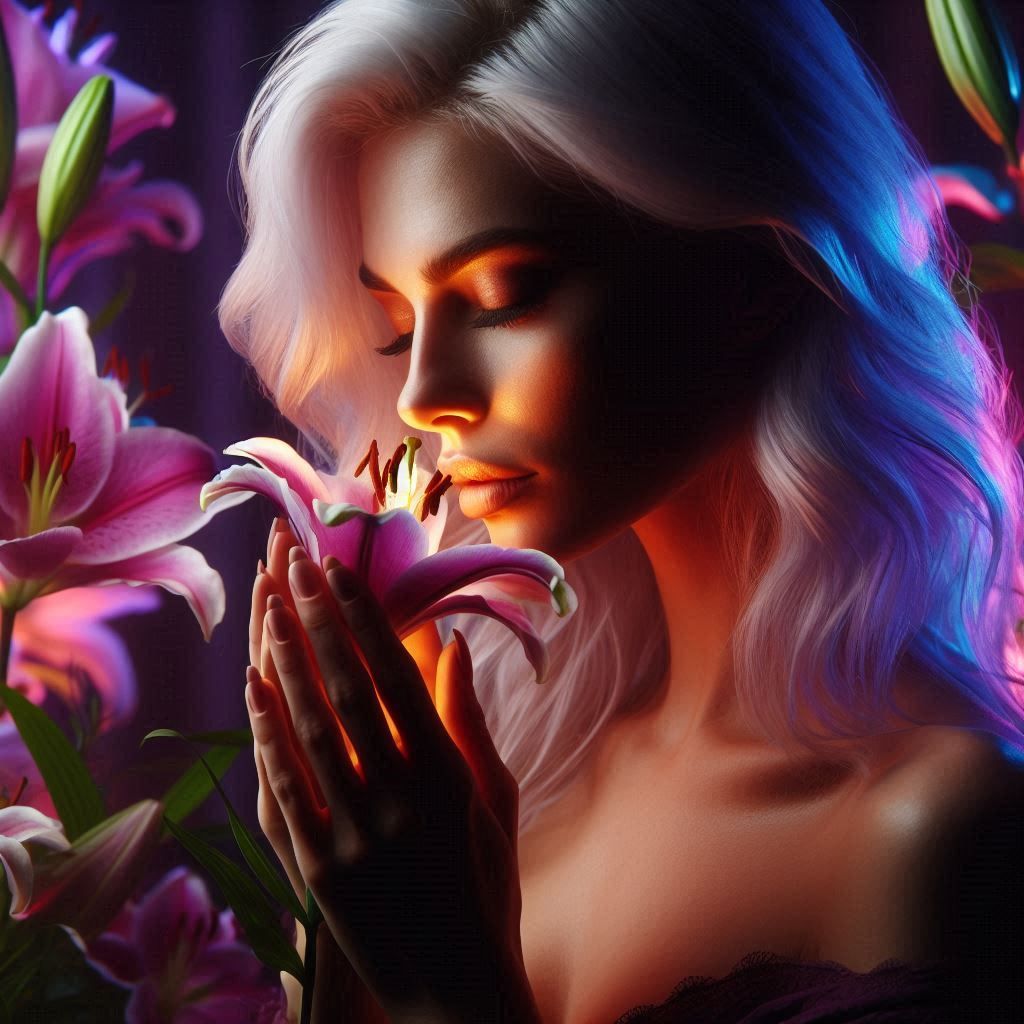 Beautiful young Caucasian woman with dyed white hair smells glowing purple lily in the darkness, dim colorful lighting depth of field 