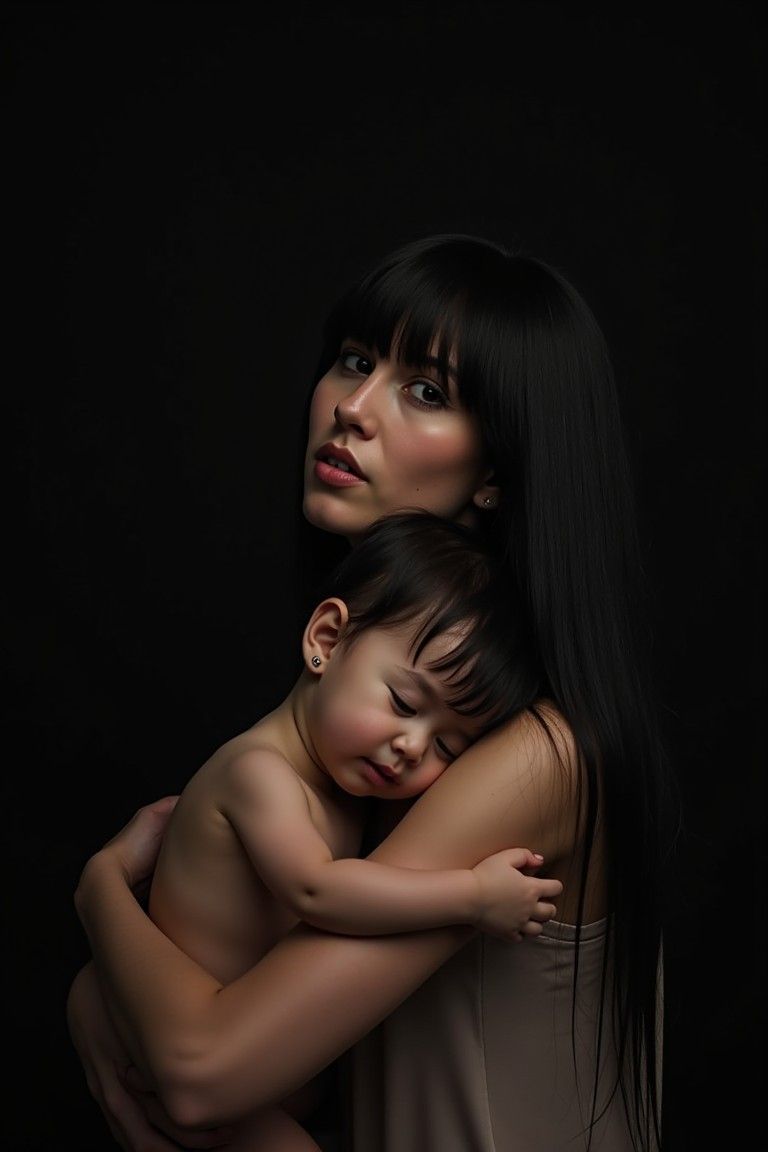 young happy beautiful European mother with long black straight hair and a bang hugs baby girl, dim lighting, artistic photo 
