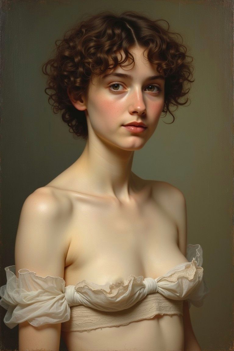 Renaissance style Oil painting of Pale skin half dressed young woman with short curly hair, low saturated, high details, body covered by whi...