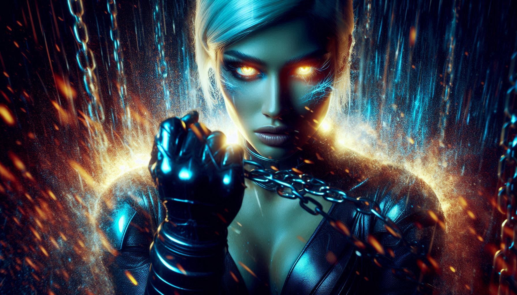Strong supervillain woman chained to the wall, super high contrast, hard lighting, glowing eyes, strong wind with particles, epic scene