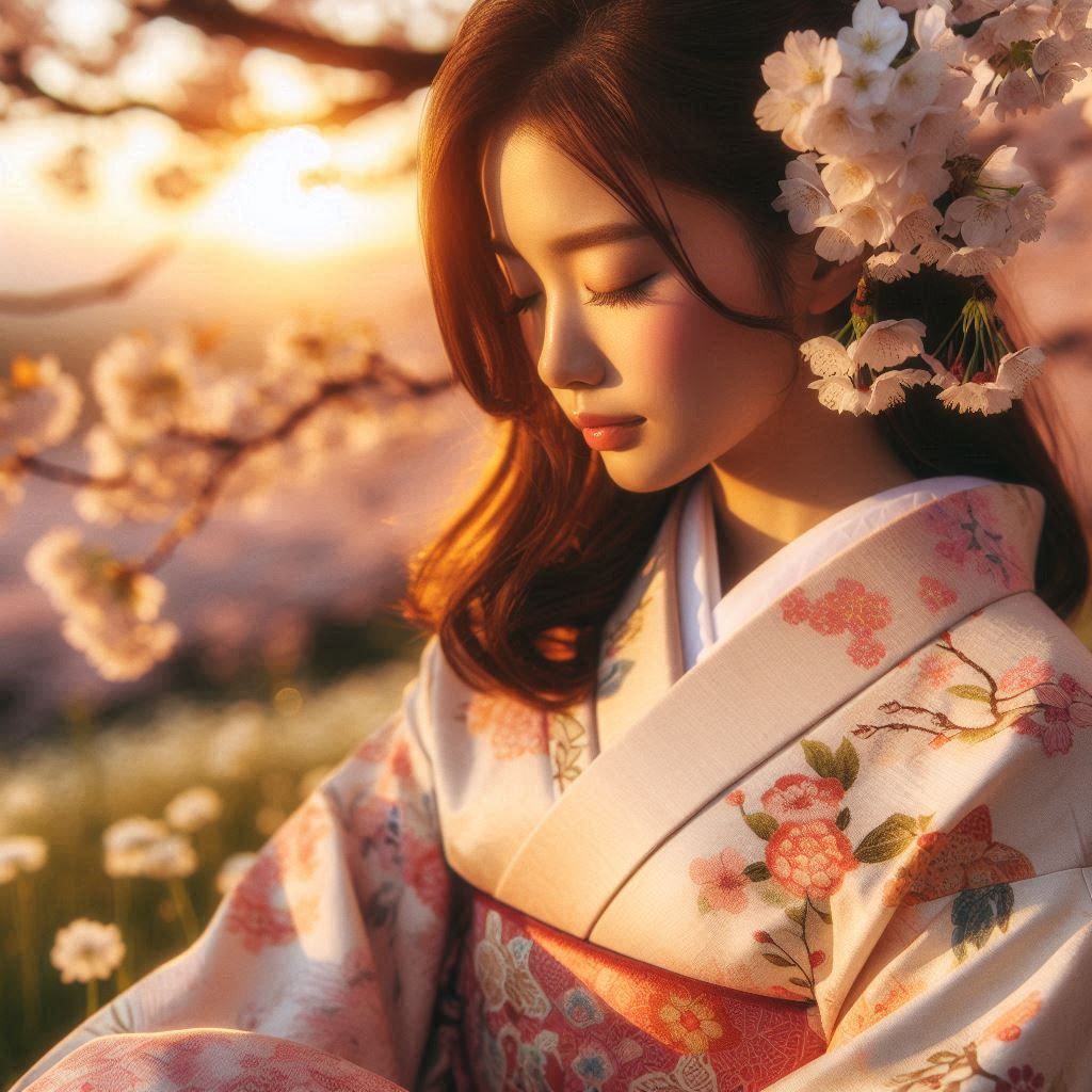 Close up on japanese girl in kimono sitting under a cherry blossom tree in full bloom, covered in white petals, pink tender sunrise 