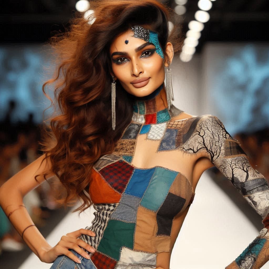 A Frankenstein supermodel woman sewed from several parts, greenish and posh, striking a pose