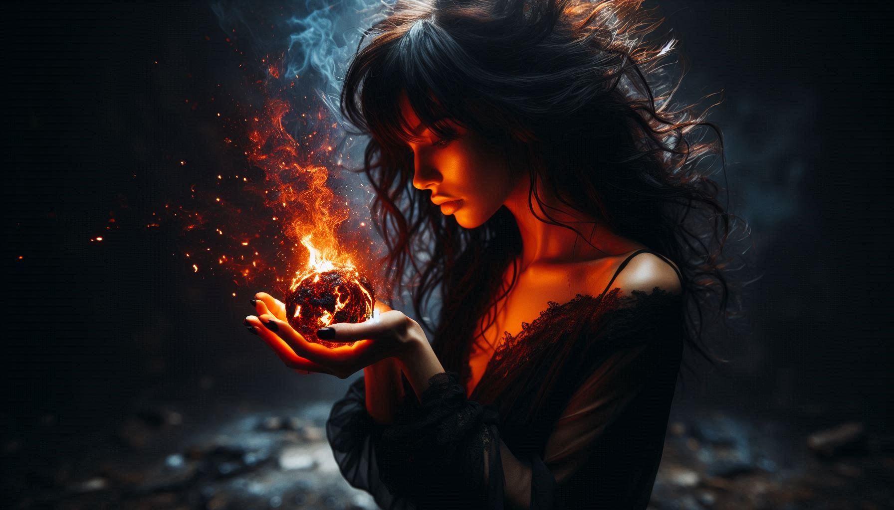 woman shaman with loose black messy hair covered in ritual painting holds glowing lava ball in her hands, it flows and melts and drips down...
