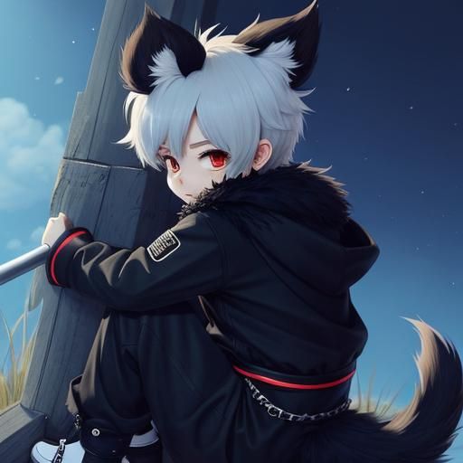 Furry, boy, black ears and long black tail, cute, anime, sad, depressed, broken, paws