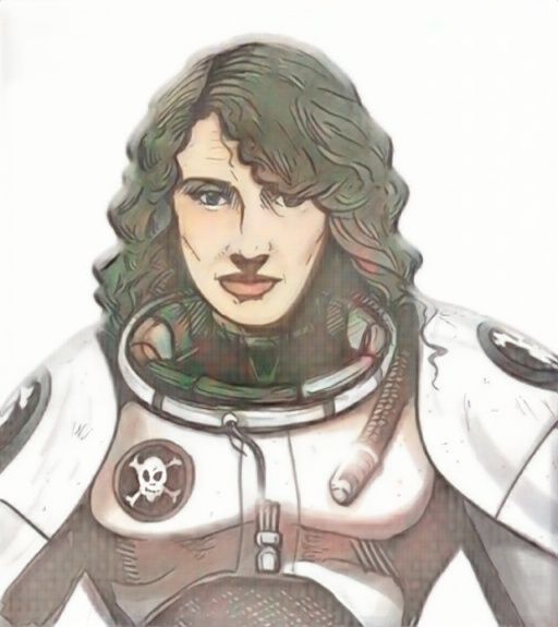 female pilot in a science-fiction universe, white battle armor, skull logo on armor, hyper realism