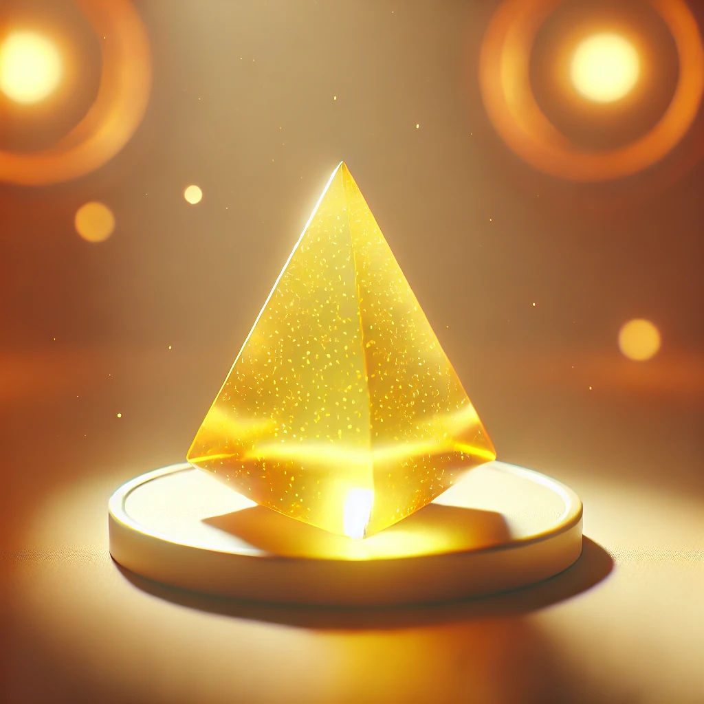 Hyperrealistic photo of a yellow triangular prism-shaped fruit with translucent liquid on its surface. Cinematic warm lighting
