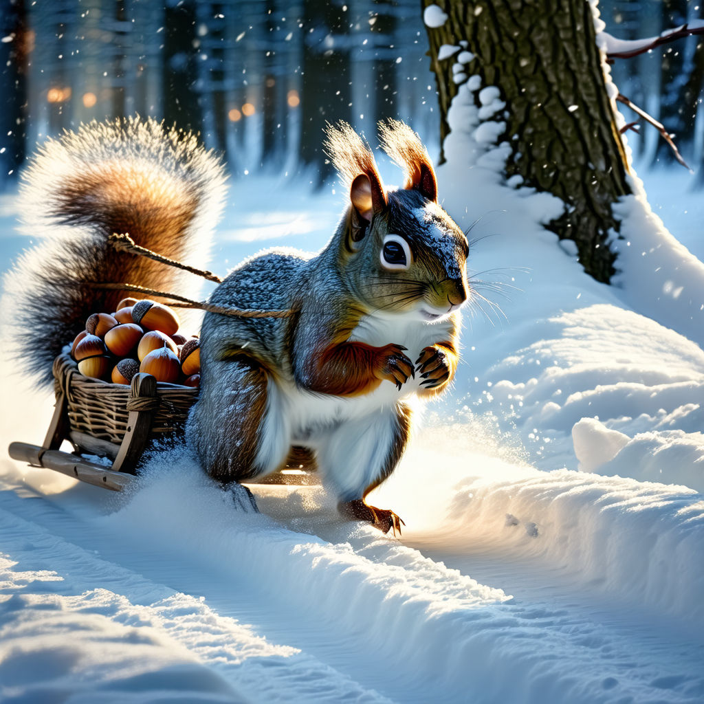 A large Squirrel is walking while pulling a sled through the snow