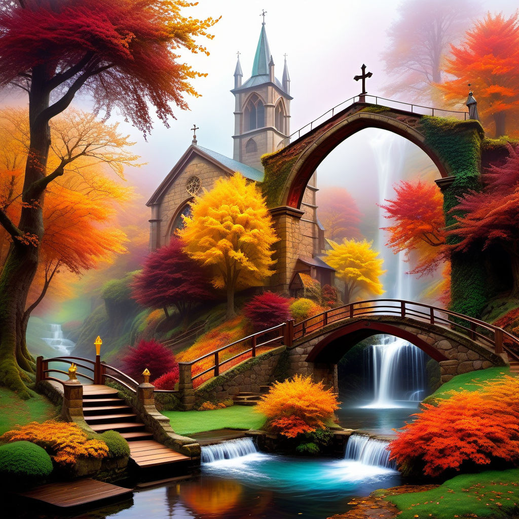 Medieval church with waterfall