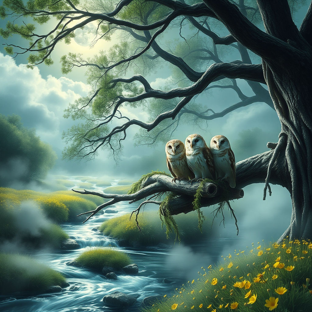 A close-up shot of a group of Owls nestled in a tree 
