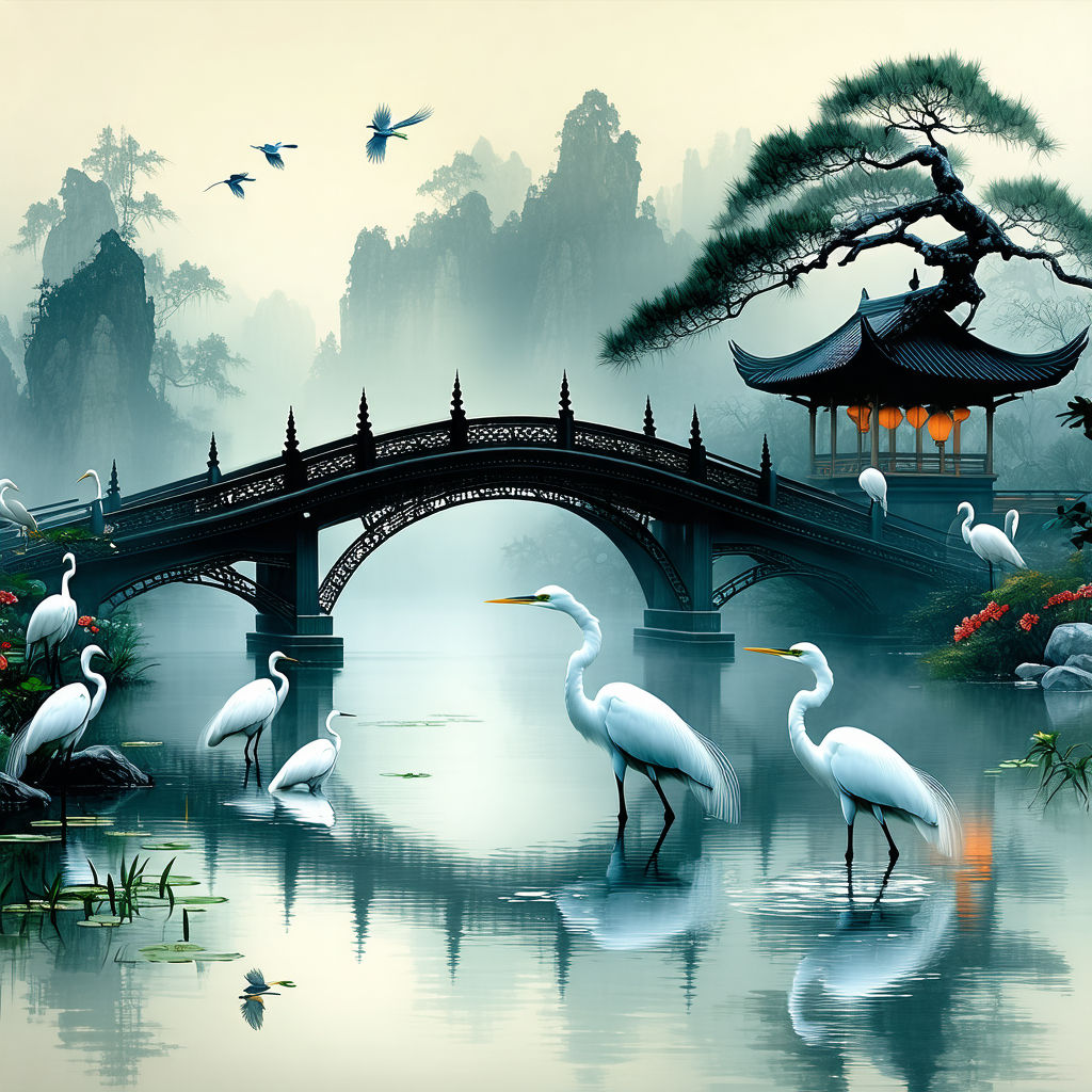 A group of Egrets sitting in front of an ornate Japanese bridge