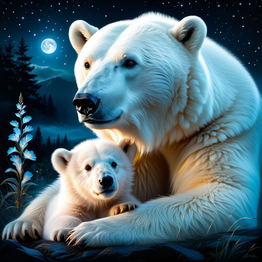 Polar Bear and cub gently creasing each other