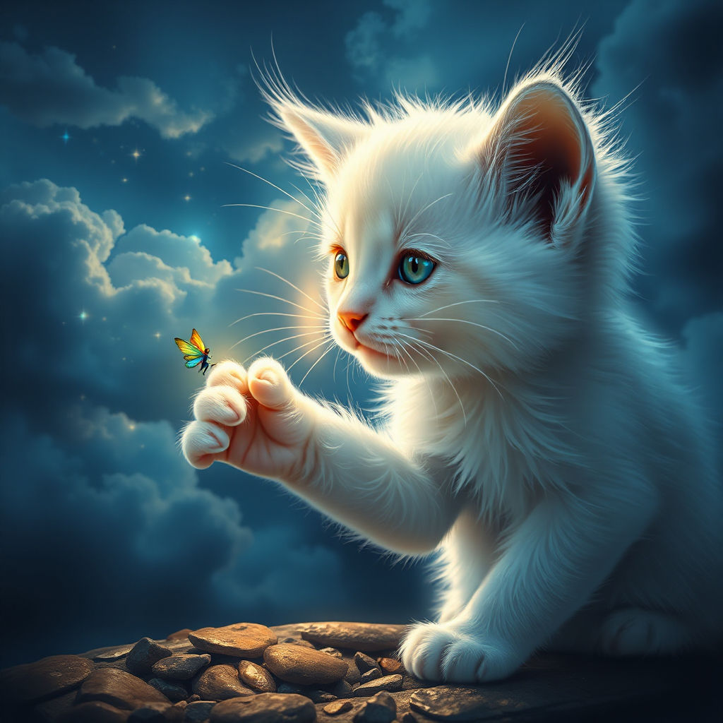 Kitten reaching out with his front paw to touch beautiful colorful small fairy
