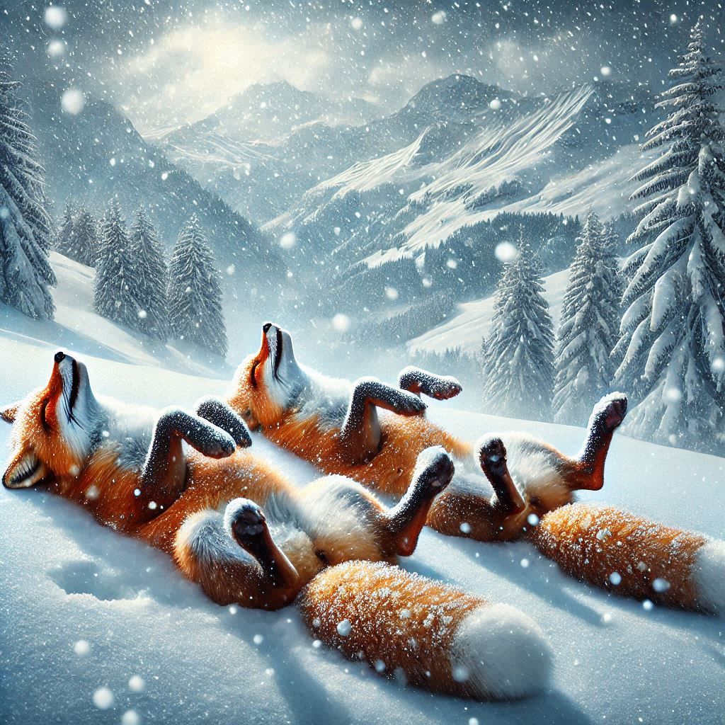 2 Foxes laying on their backs and  moving their legs enjoying the snow falling on them