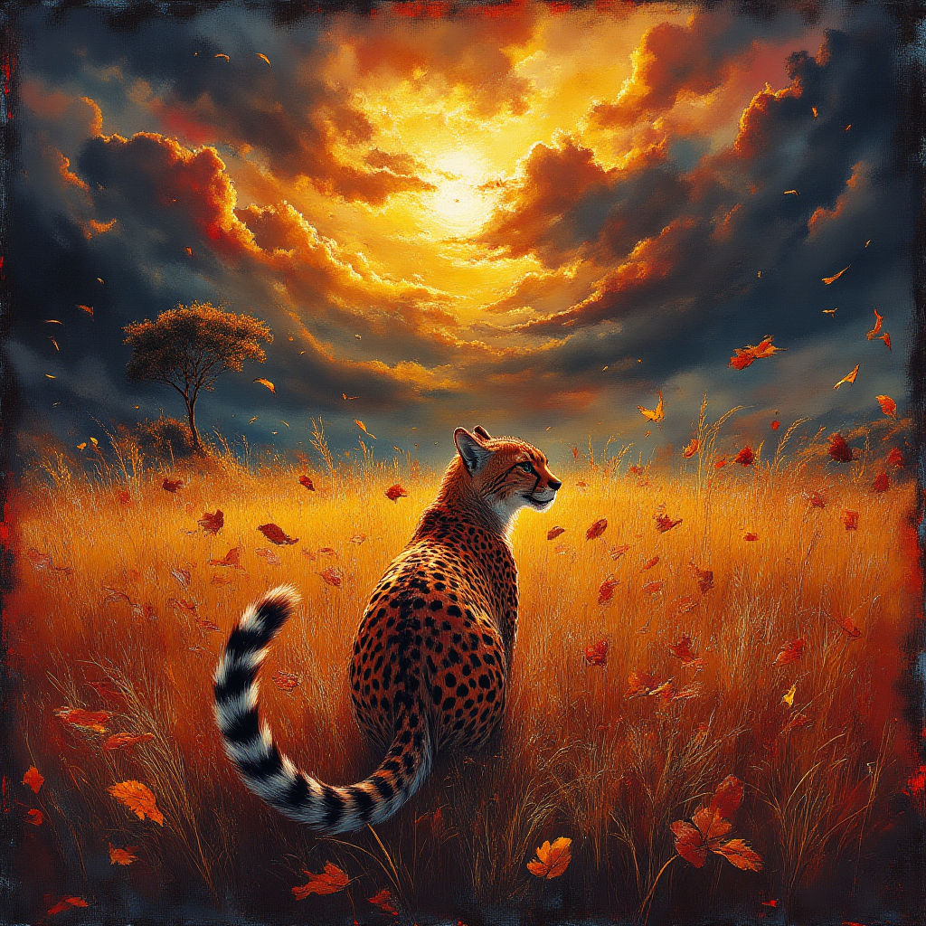 Cheetah in tail grass blowing with the wind on the Serengeti in a windstorm