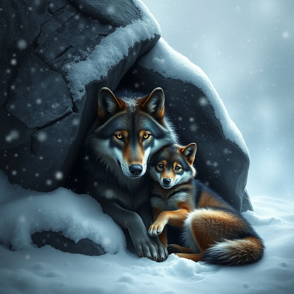 Wolf and cub in a Switzerland wintertime blizzard scene 