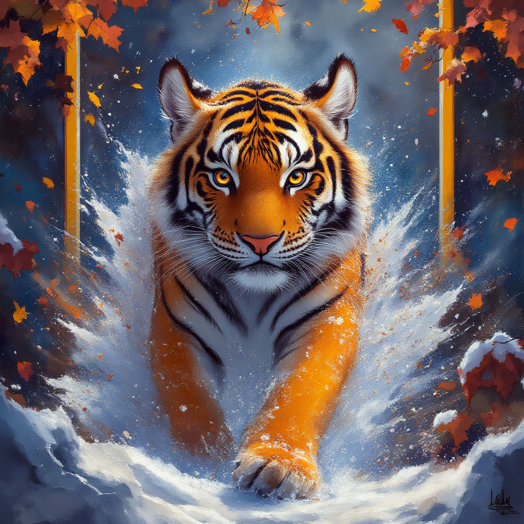 Leopard is running through the snow with snow flying with each paw strike. He is saying "Get out of my way"