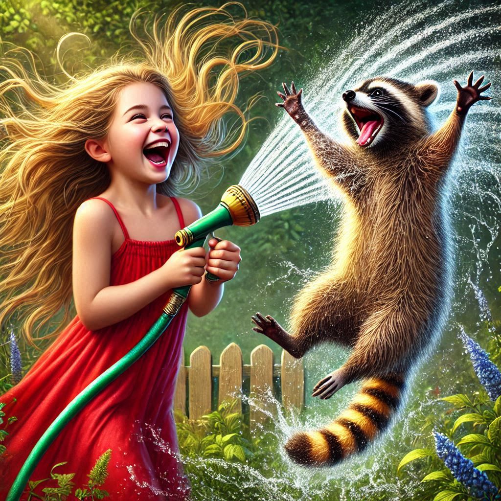 A young girl with a garden hose spraying a raccoon that is jumping in the air, laughing and shaking for joy