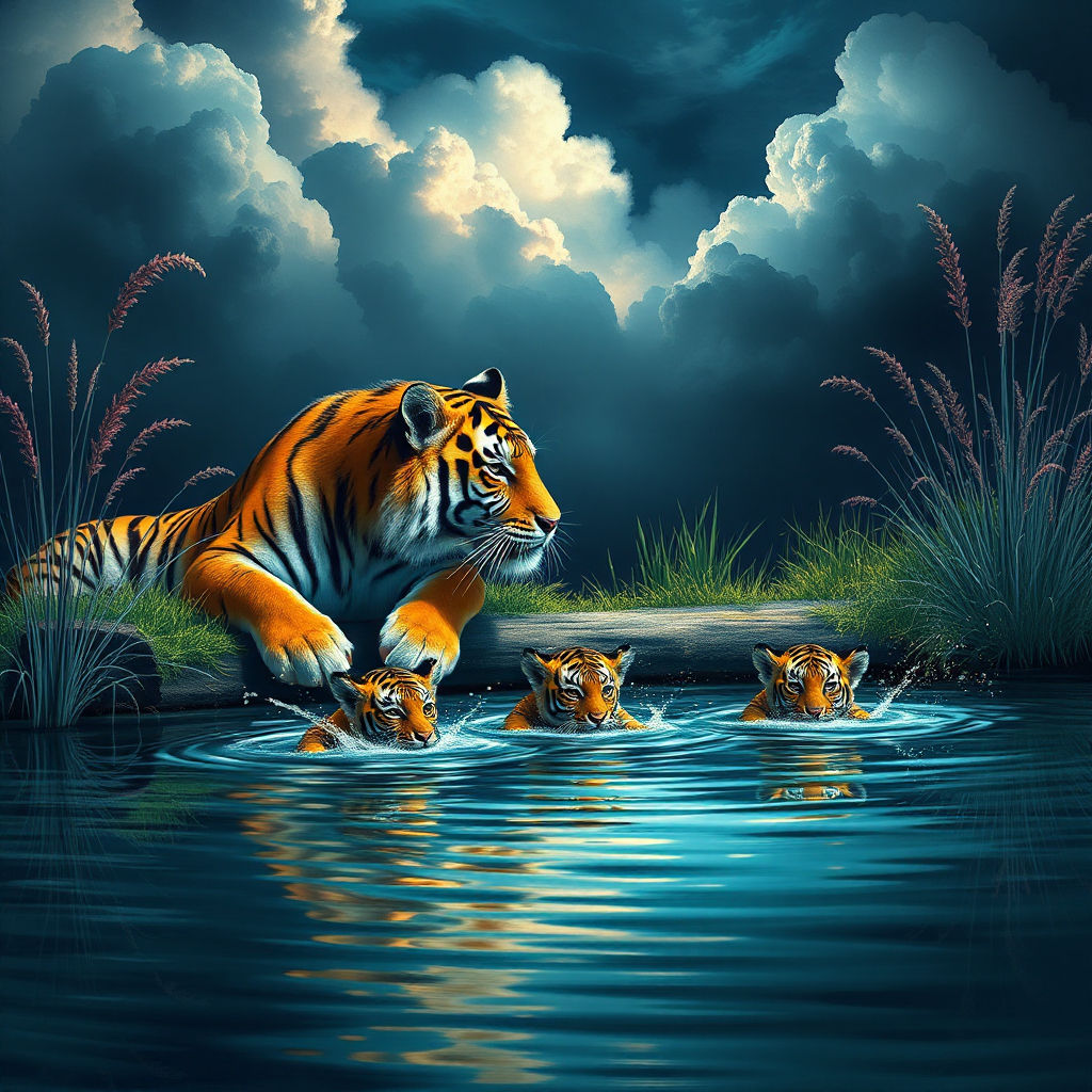 A Bengal Tiger is laying down by pond edge watching intensely her small baby cubs learn to swim. The cubs heads are just out of the water. S...