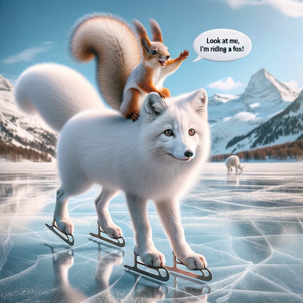 baby Squirrels is waving while sitting on the fox's back