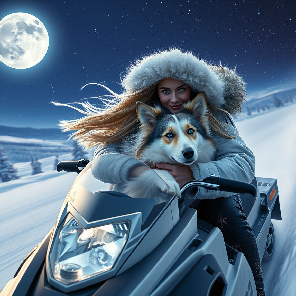 Beautiful Lady Snowmobiling with her Sheltie
