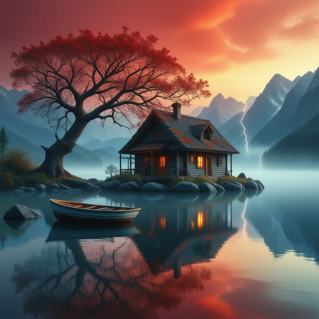 Small old rustic hut on a Small Lake