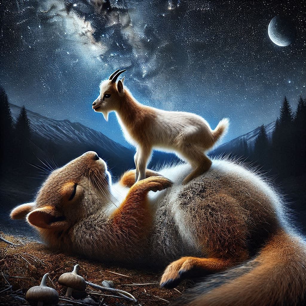 The baby goat is slowly and gently  walking on the squirrel's stomach giving a massage