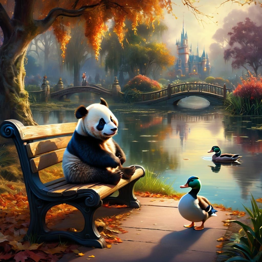 Baby Panda Bear sitting on a park bench and bends over and drops food for the group of mallard ducks