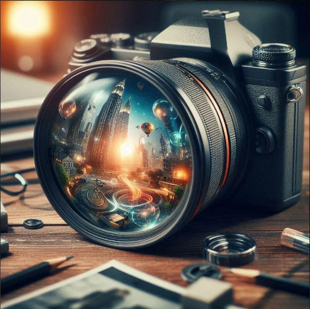 Sony camera on a wooden table with a large lens reflecting a futuristic cityscape :: The lens shows a modern city with skyscrapers, floating...