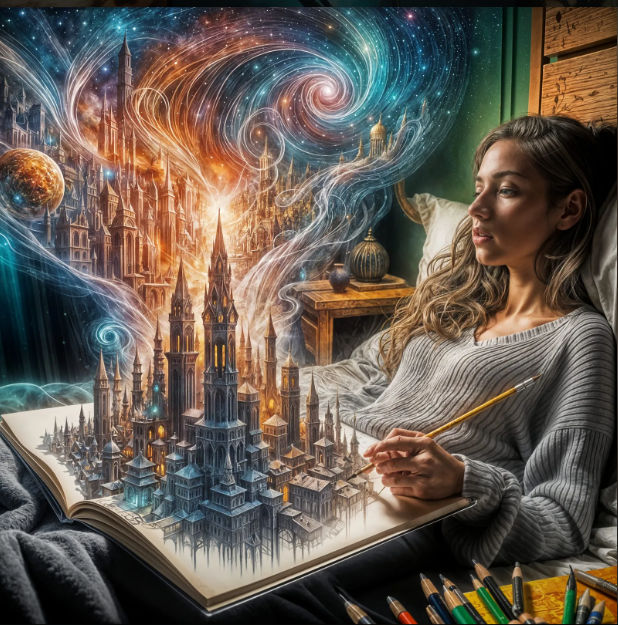fantastic close up shot of the sketchbook of a young woman sitting on her bed drawing a colorfull magical city with a curved elvish style it...