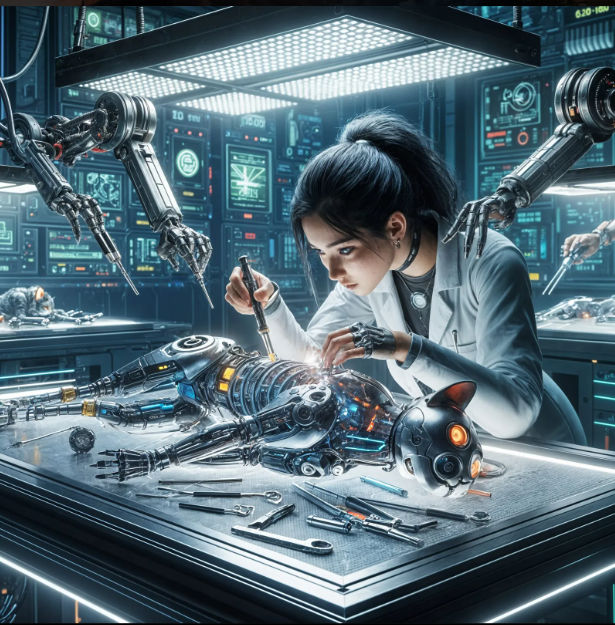 A cyber animal vet operates on a cyberpunk cat on an operating table with screwdrivers and wrenches, very detailed, sharp image