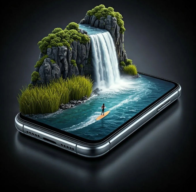 Realistic 3D rendering of a smartphone, with a natural landscape emerging from the screen: a waterfall flowing from cliffs covered in greene...