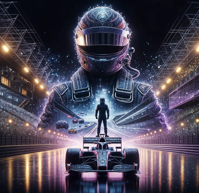 Create an epic, cinematic image showing a Formula 1 racer standing on a car at night on the track. The racer is in full gear, including a he...
