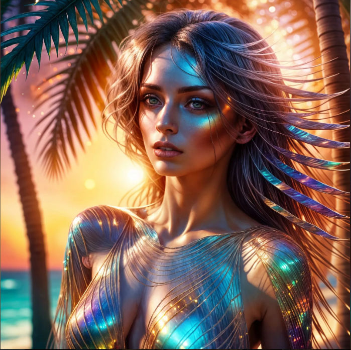 Fantasy illustration. Close-up portrait. A fantasy woman standing among palm trees. Macro photography style. Vibrant colors shimmering iride...