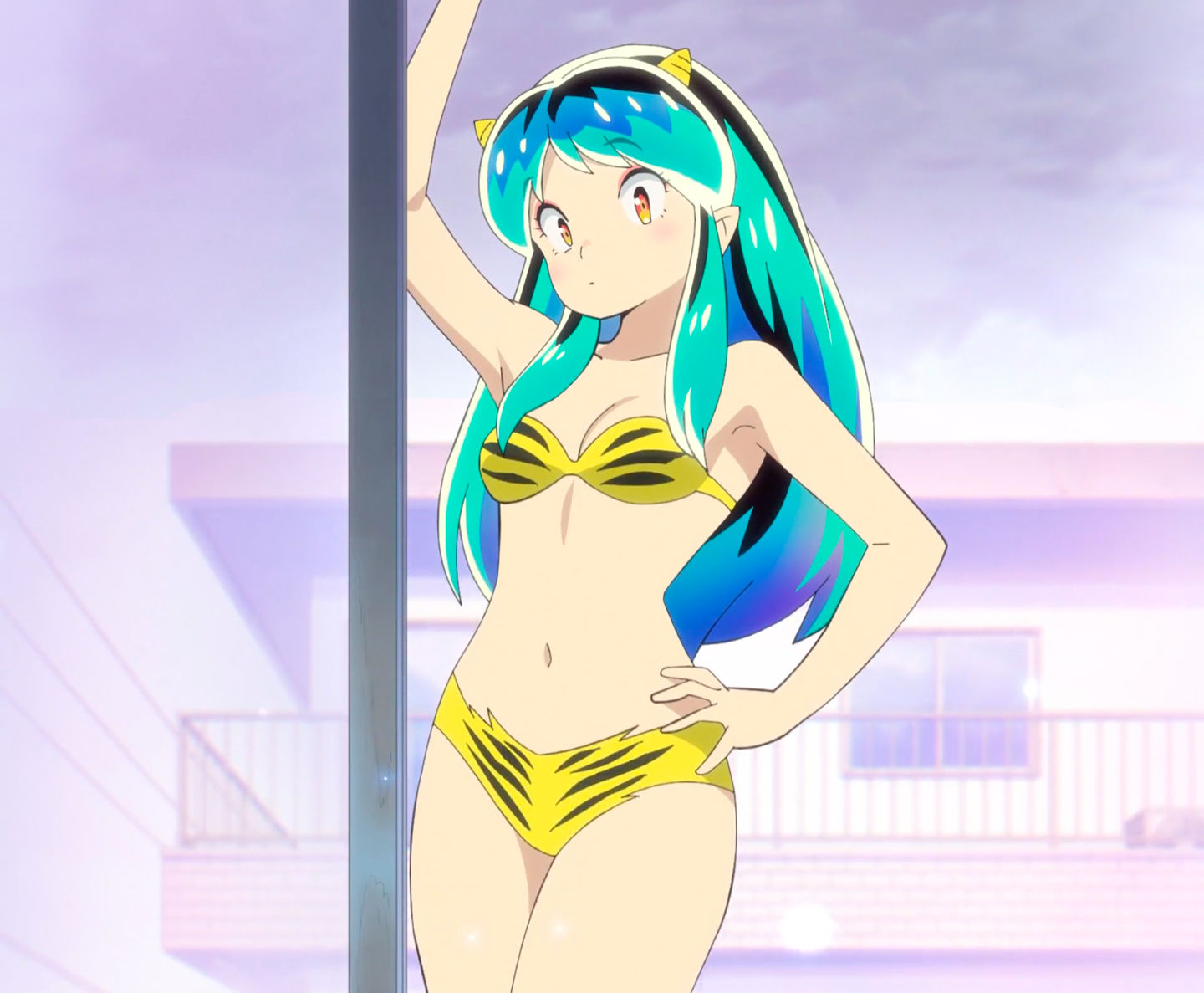 D.Va (Overwatch) redesigned with a Lum aesthetic from Urusei Yatsura. She has Lum-esque flowing green hair, Lum’s small yellow horns in plac...
