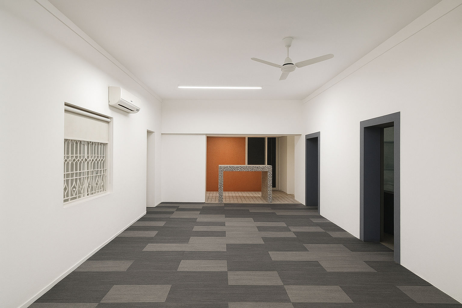 give a full glazing towards the left side looking onto a greener space. give end to end glazing. show nice landscaping with small water bodi...