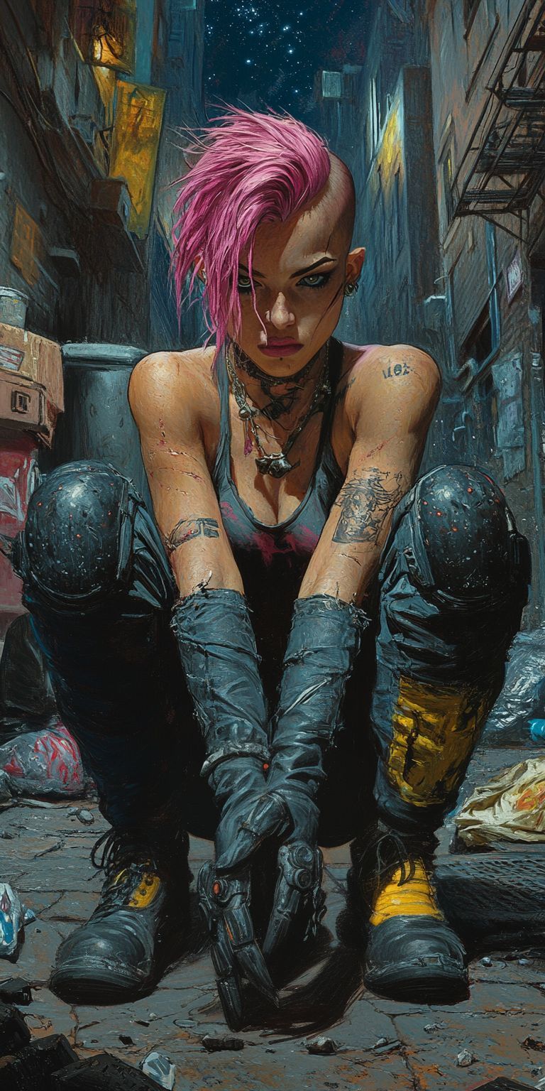 Make a photorealistic picture of the shadowrun dwarf woman. make her a bit broader and more muscular. the background is a dark fututistic sk...