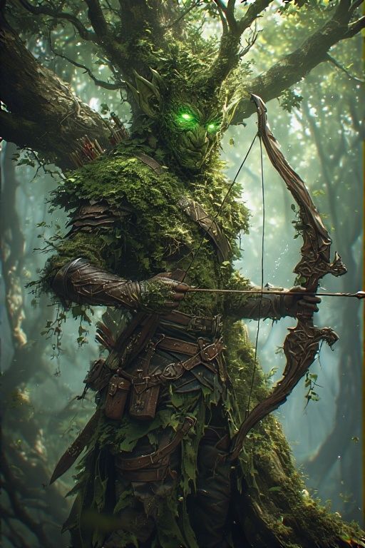 A beautiful 50 year old woman depicted as a tree sprite with a bow and arrow. Her body is covered by green moss and vegetation. Her long bro...